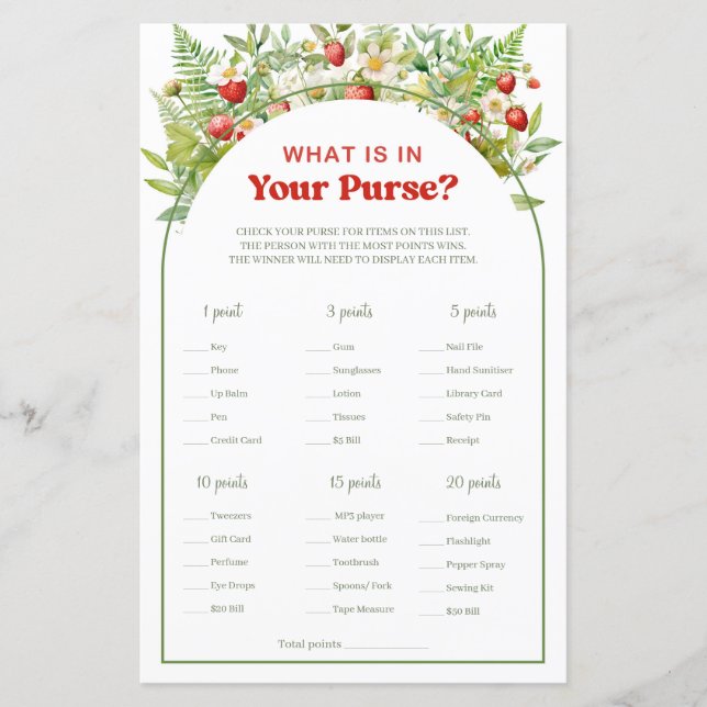 Lámina Fresa dulce de Berry ¿Qué hay en tu juego de bolso (Anverso)