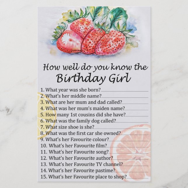 Lámina Fresa ¿Qué tan bien conoces al chica de cumpleaños (Anverso)