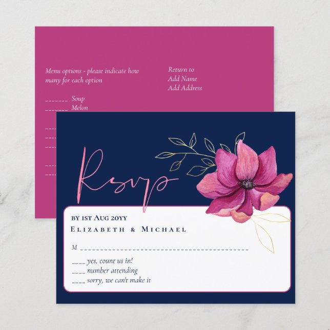Lámina Fuchsia Pink Navy Blue Wedding RSVP (Anverso / Reverso)
