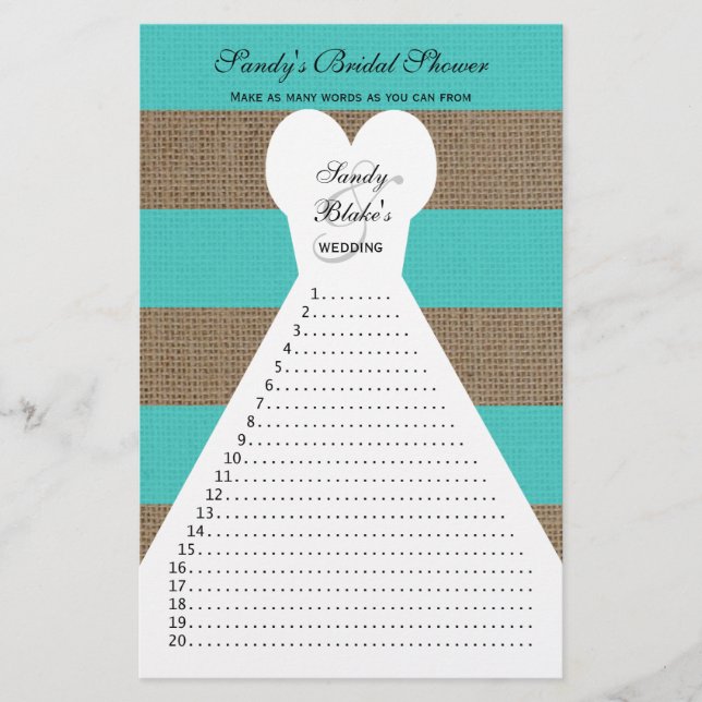 Lámina Fun Bridal Shower Word Juegos Turquesa (Anverso)