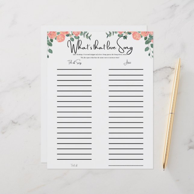 Lámina Fun floral Musical Bridal Shower Game (Anverso/Reverso In Situ)