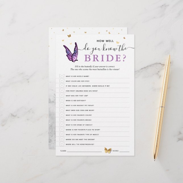 Lámina Fun Purple Watercolor Butterfly Bridal Shower Game (Anverso/Reverso In Situ)