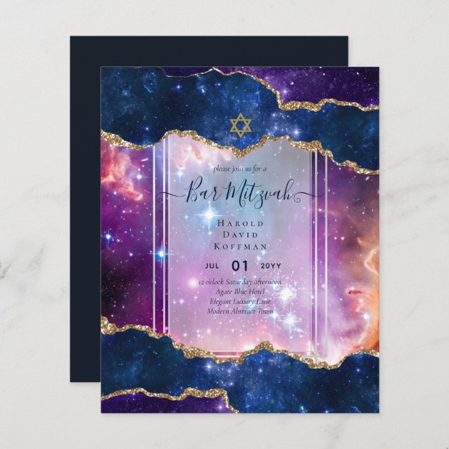 Lámina Galaxy Starry Night BAR MITZVAH Invitaciones Azul (Anverso / Reverso)