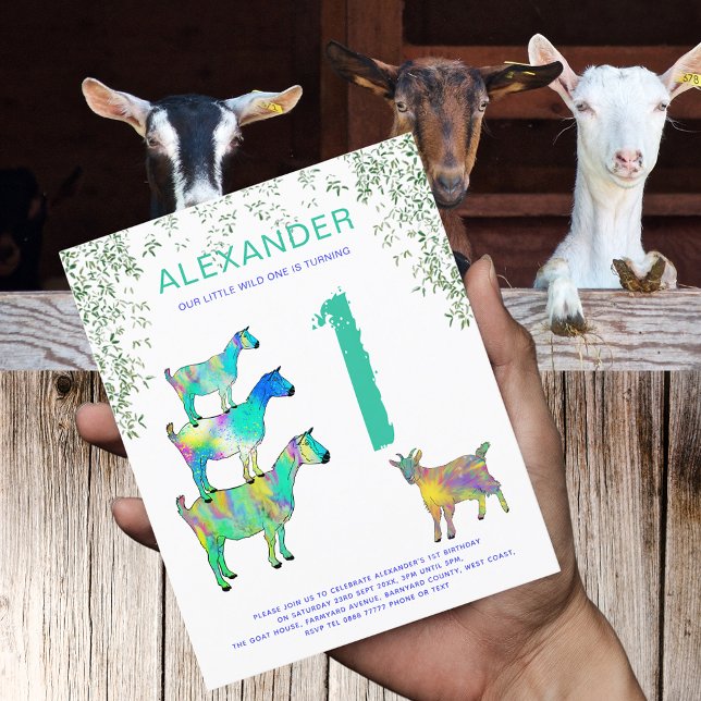 Lámina Ganadería de cabra silvestre Presupuesto de partid (Wild one goats colorful farm animal art 1st birthday party budget invitation )
