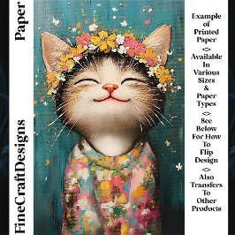 Lámina Gatito feliz, corona de flores, papel de artesanía