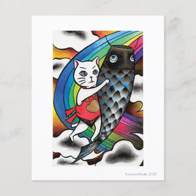 Lámina Gato blanco con una carpa (Anverso)