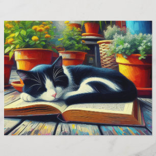 Lámina Gato de Tuxedo durmiendo en papel de libro de cuad