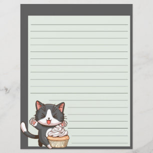Lámina Gato gris feliz con quequitos, papel escrito en fi