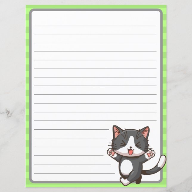 Lámina Gato gris feliz sobre papel con cartón verde, (Anverso)