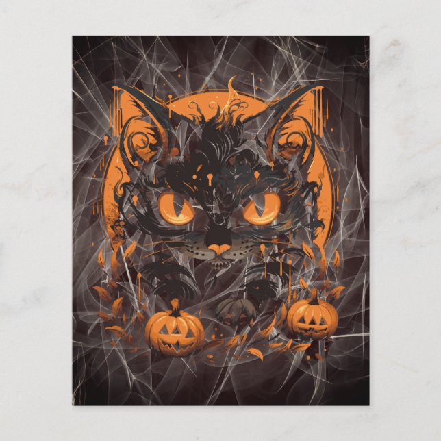 Lámina Gato negro de Halloween con calabazas y luna (Anverso)