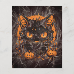 Lámina Gato negro de Halloween con calabazas y luna