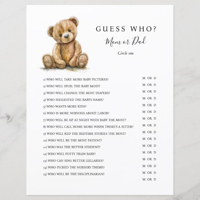 Lámina Gender Neutral Teddy Bear Baby Shower Game (Anverso)