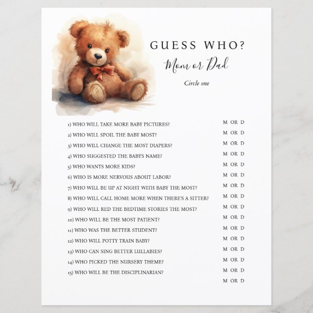 Lámina Gender Neutral Teddy Bear Baby Shower Game (Anverso)