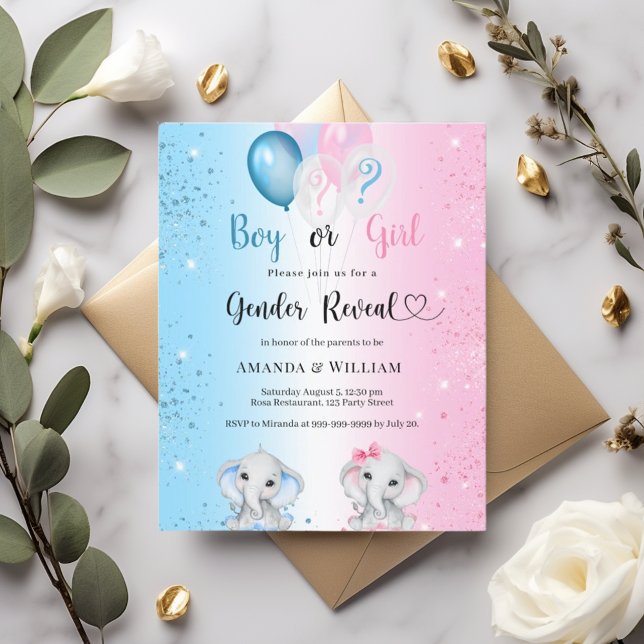 Lámina Gender reveal blue pink elephants invitation (Subido por el creador)
