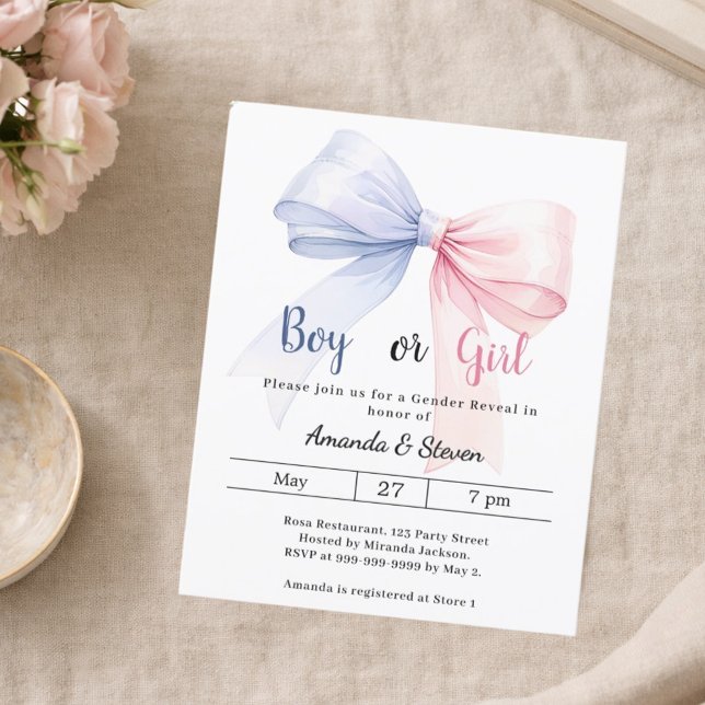Lámina Gender reveal pink blue bow boy girl invitation (Subido por el creador)
