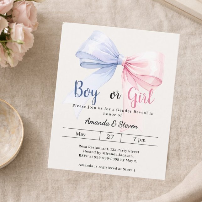 Lámina Gender reveal pink blue bow ivory invitation (Subido por el creador)