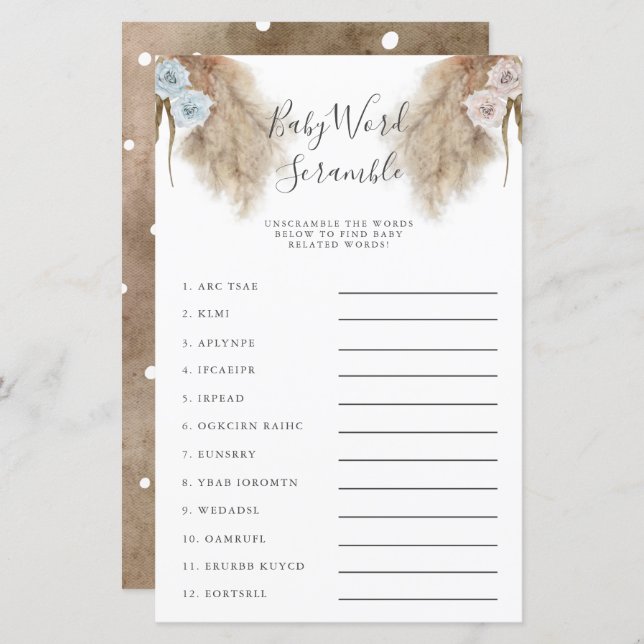 Lámina Género Revelan Pampas Grass Baby Word Scramble Gam (Anverso / Reverso)