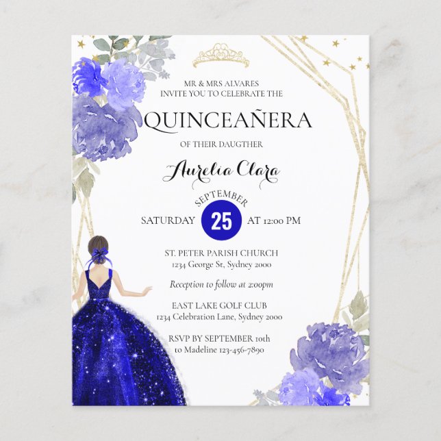 Lámina Geométrica Quinceañera floral azul real (Anverso)