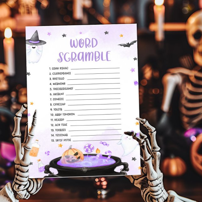 Lámina Ghoul Halloween Baby Shower Word Scramble Game (Purple Oh Sheet Baby Shower Word Scramble Game)