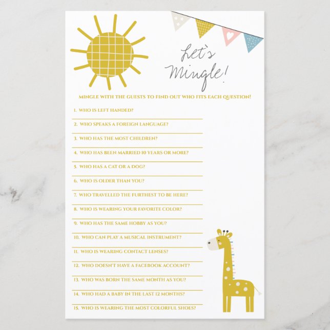 Lámina Girafa de oro ¡Vamos a Mingle! Juego Baby Shower (Anverso)