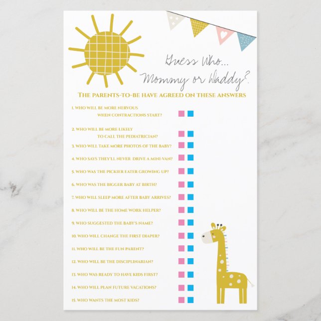 Lámina Giraffe adivina quién, mamá o papi en Baby Shower (Anverso)