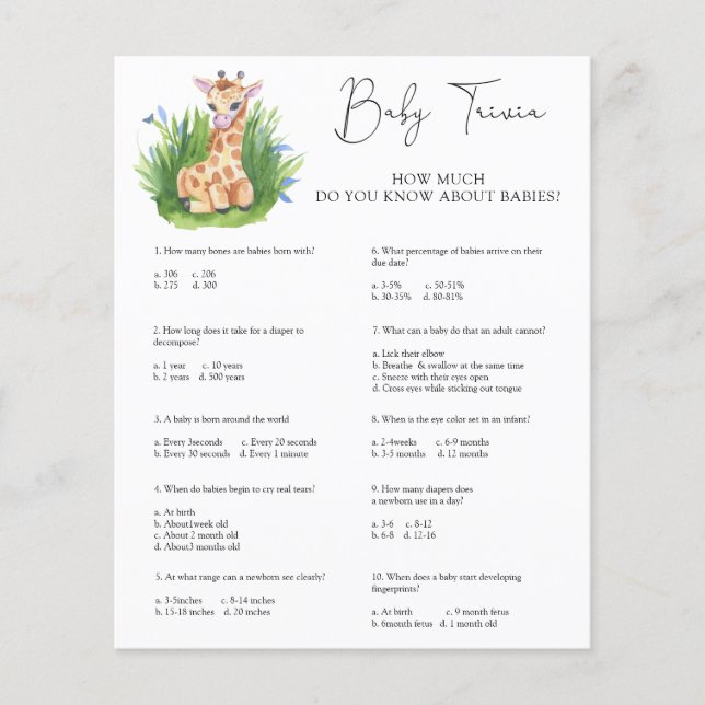 Lámina Giraffe Baby Trivia | Juego Baby Shower (Anverso)