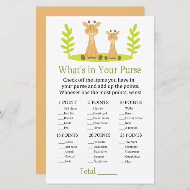 Lámina Giraffe ¿Qué hay en el juego de tu bolso? (Anverso / Reverso)