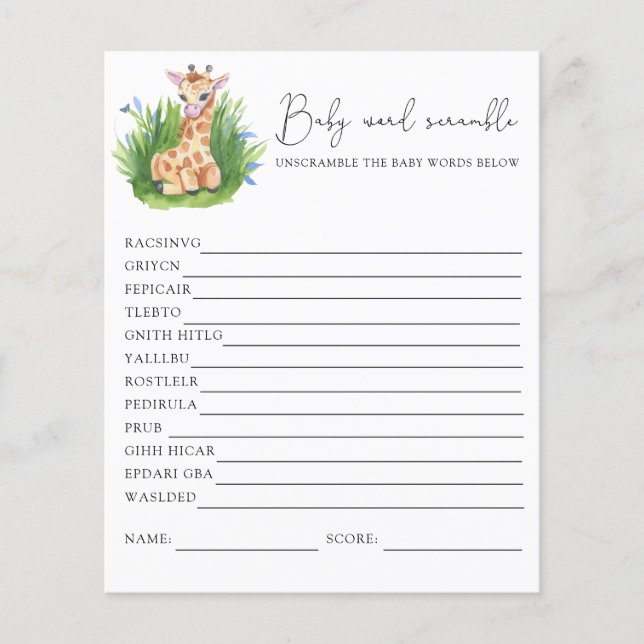 Lámina Giraffe Word Scramble | Juego Baby Shower (Anverso)