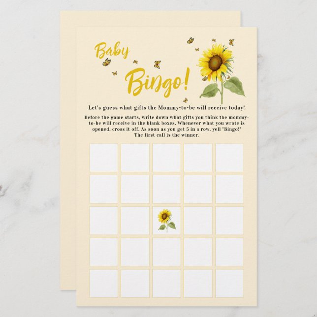 Lámina Girasol con mariposas Bebé Bingo Volante de Juego (Anverso / Reverso)
