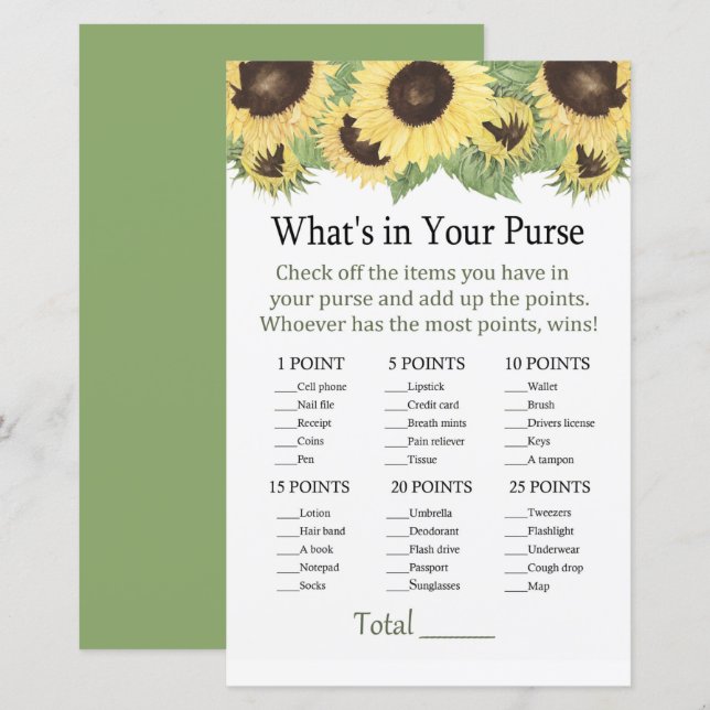 Lámina Girasol ¿Qué hay en tu juego de bolso? (Anverso / Reverso)