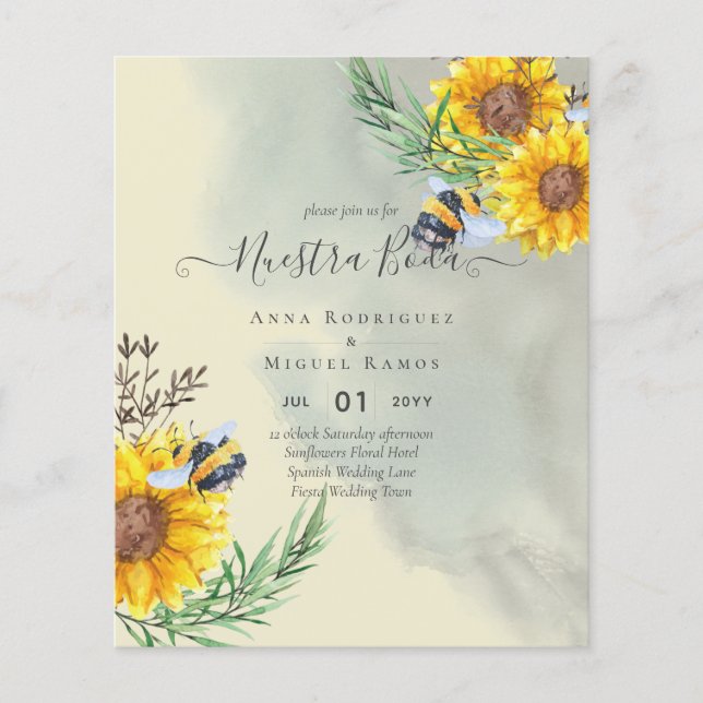 Lámina Girasoles de Invitación de Boda Económica Bilingüe (Anverso)
