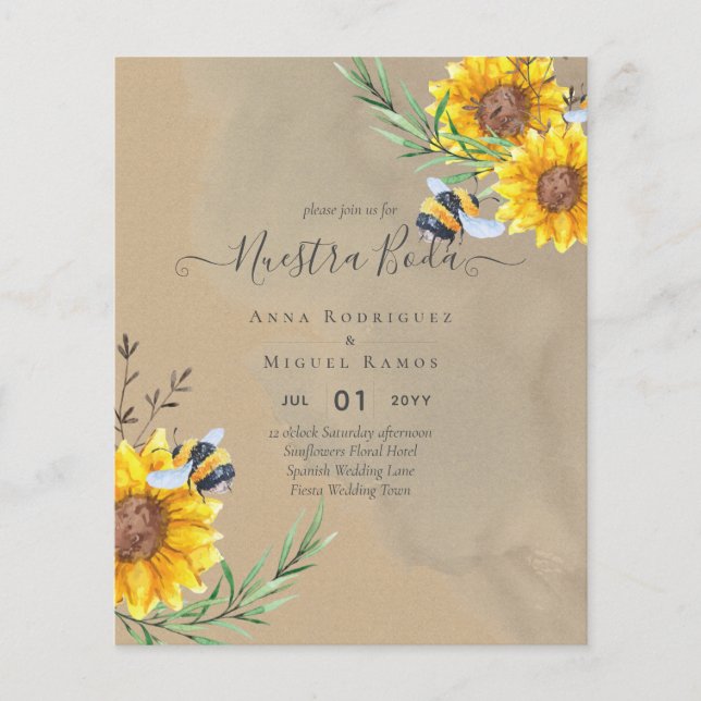 Lámina Girasoles de Invitación de Boda Económica Bilingüe (Anverso)