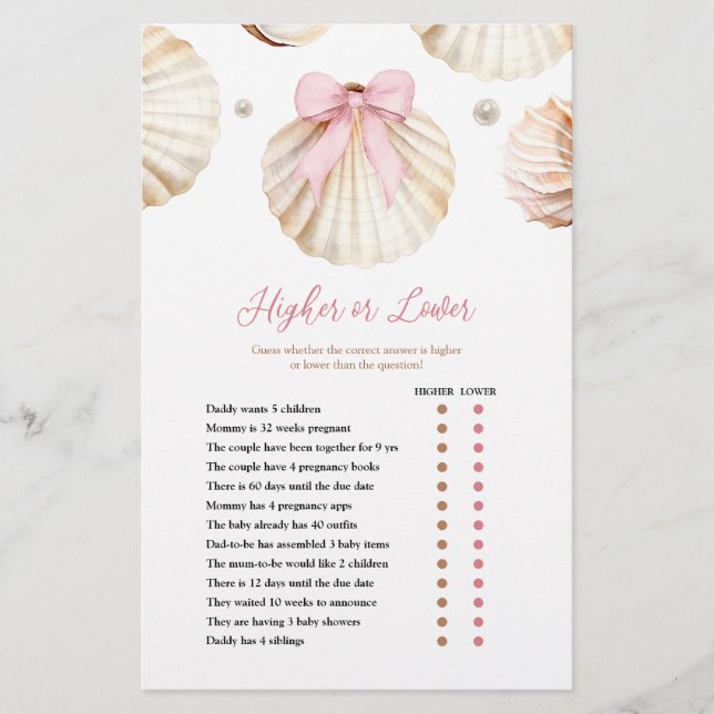 Lámina Girl Pink Bow Shell Baby Shower Higher or Lower  (Anverso)