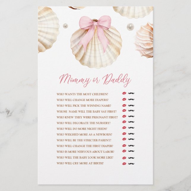 Lámina Girl Pink Bow Shell Baby Shower Mommy or Daddy (Anverso)