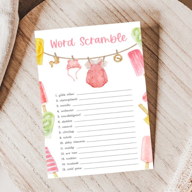 Lámina Girl Popsicle Baby Shower Word Scramble Game (Ready to Pop Popsicle Baby Shower Game)