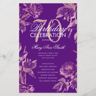 Lámina Glam Floral 70th Birthday Program Rosa Gold Purple