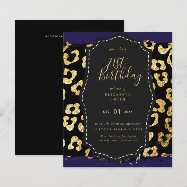 Lámina Glam Girly Purpurina 21 cumpleaños (u otro) Invita (Anverso / Reverso)