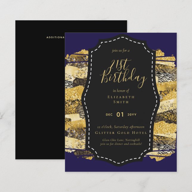 Lámina Glam Girly Purpurina 21 cumpleaños (u otro) Invita (Anverso / Reverso)