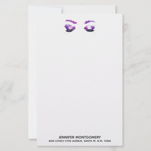 Lámina Glamorosos Ojos Púrpuros y Flores Acuarela (Anverso)