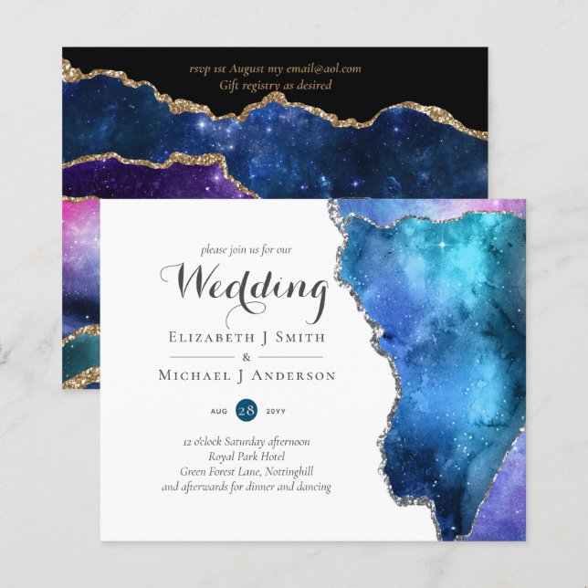 Lámina Glamour Blue Gold Agate Wedding Invite BARATO (Anverso / Reverso)