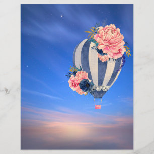 Lámina Globo aerostático floral en cielo azul romántico