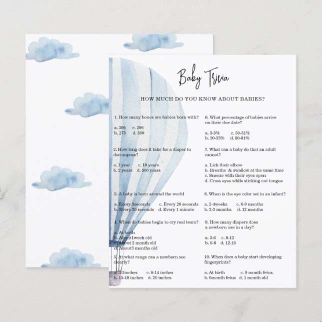 Lámina Globo de aire caliente Baby Trivia | Juego Baby Sh (Anverso / Reverso)