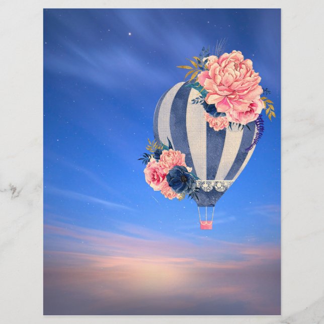 Lámina Globo de aire caliente floral sobre cielo azul rom (Anverso)
