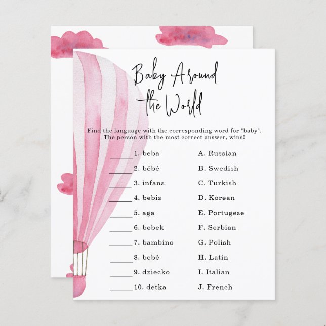 Lámina Globo de aire caliente rosado - Juego de bebé alre (Anverso / Reverso)