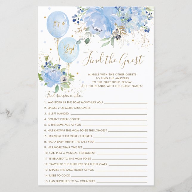 Lámina Globo Floral Azul Encuentra el juego de rompehielo (Anverso)