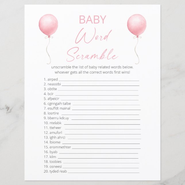 Lámina Globo rosa Baby Shower Word Scramble (Anverso)