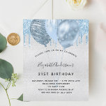 Lámina Globos azules de plata para cumpleaños de presupue<br><div class="desc">Para un elegante cumpleaños número 21 (o cualquier edad). Un falso fondo metálico plateado. Decorada con tonalidades purpurinas de color azul claro, con pinturas que gotean y globos azules. Personalice y agregue un nombre, edad 21 y detalles del fiesta. El nombre se escribe con un guión de estilo con letras...</div>
