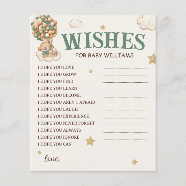 Lámina Globos De Oso Deseos Verdes Para El Bebé (Anverso)