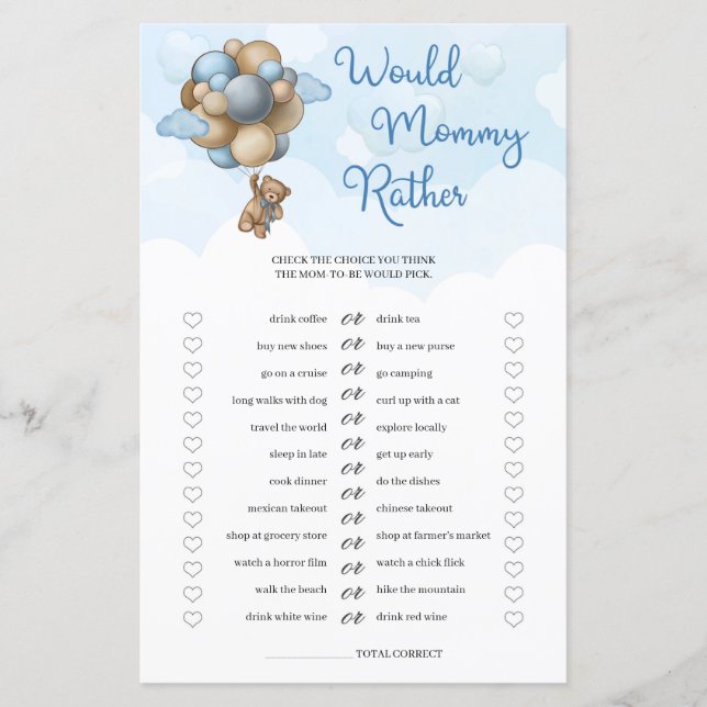 Lámina Globos marrones azules de oso de peluche mami más  (Anverso)