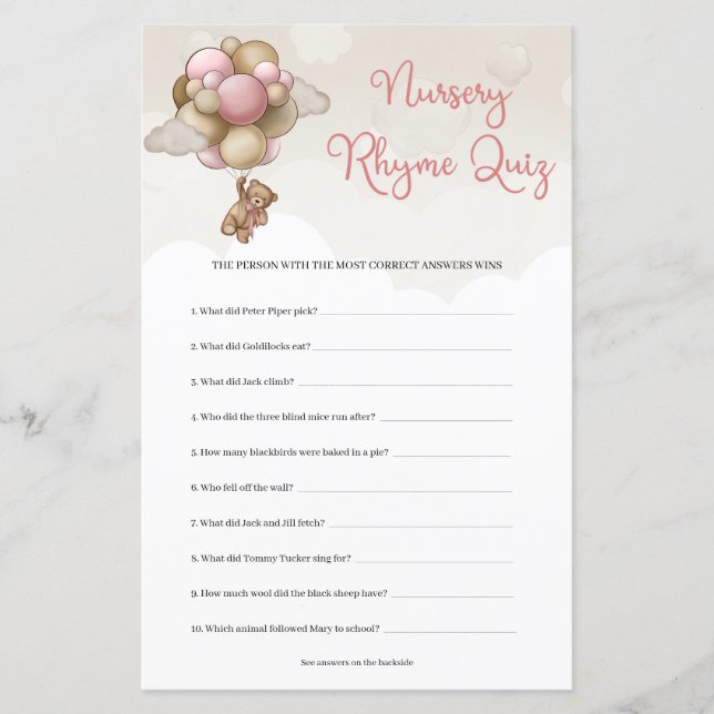 Lámina Globos marrones rosados de oso de peluche Rhyme Pr (Anverso)